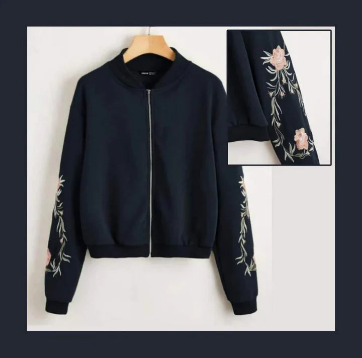 Embroidered Floral Detail Zip Up Bomber Jacket For Women -0538