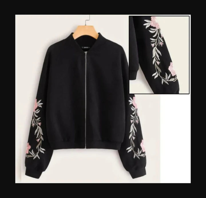 Embroidered Floral Detail Zip Up Bomber Jacket For Women -0538
