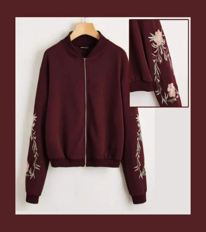 Embroidered Floral Detail Zip Up Bomber Jacket For Women -0538