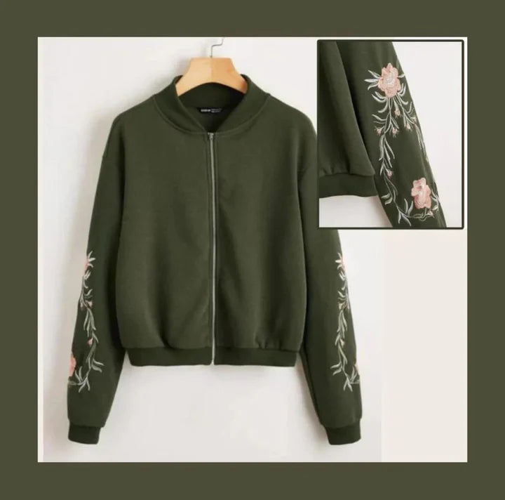 Embroidered Floral Detail Zip Up Bomber Jacket For Women -0538