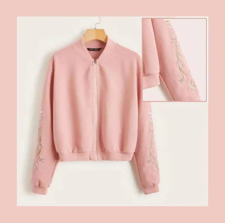 Embroidered Floral Detail Zip Up Bomber Jacket For Women -0538