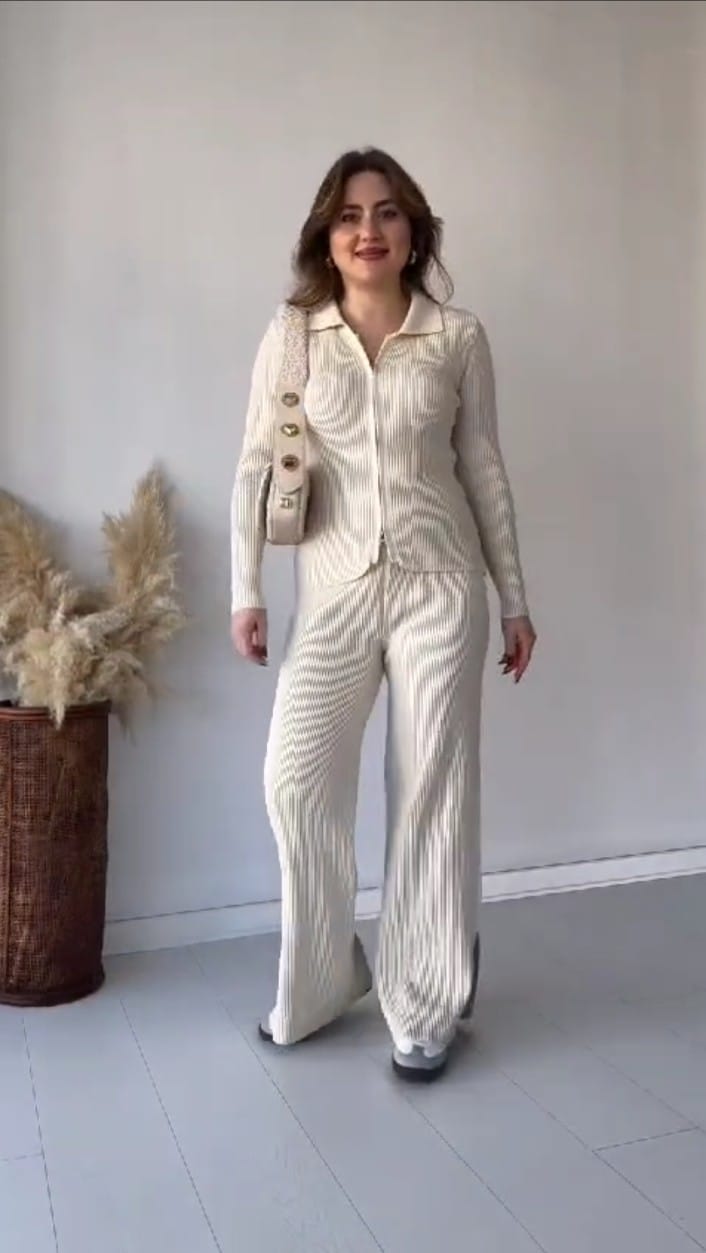 Women Winter Zipper Jacket & Bell Bottom Trouser Cord Set